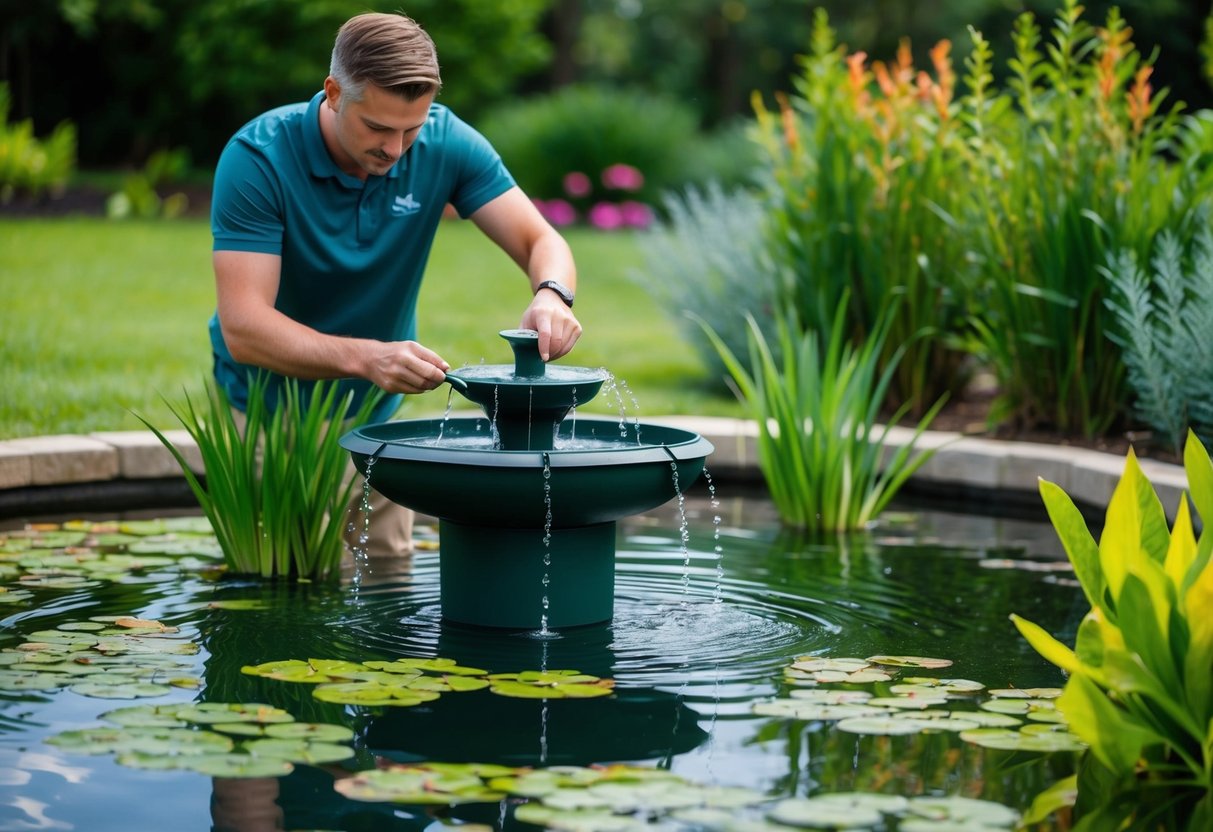 A person assembling the Oase PondJet Eco Floating Fountain in a tranquil pond surrounded by lush greenery and colorful aquatic plants