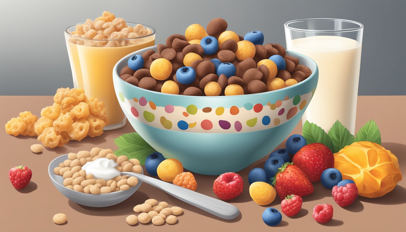 A bowl of Cocoa Puffs and Krave cereal side by side, surrounded by a variety of fresh fruits and a glass of milk