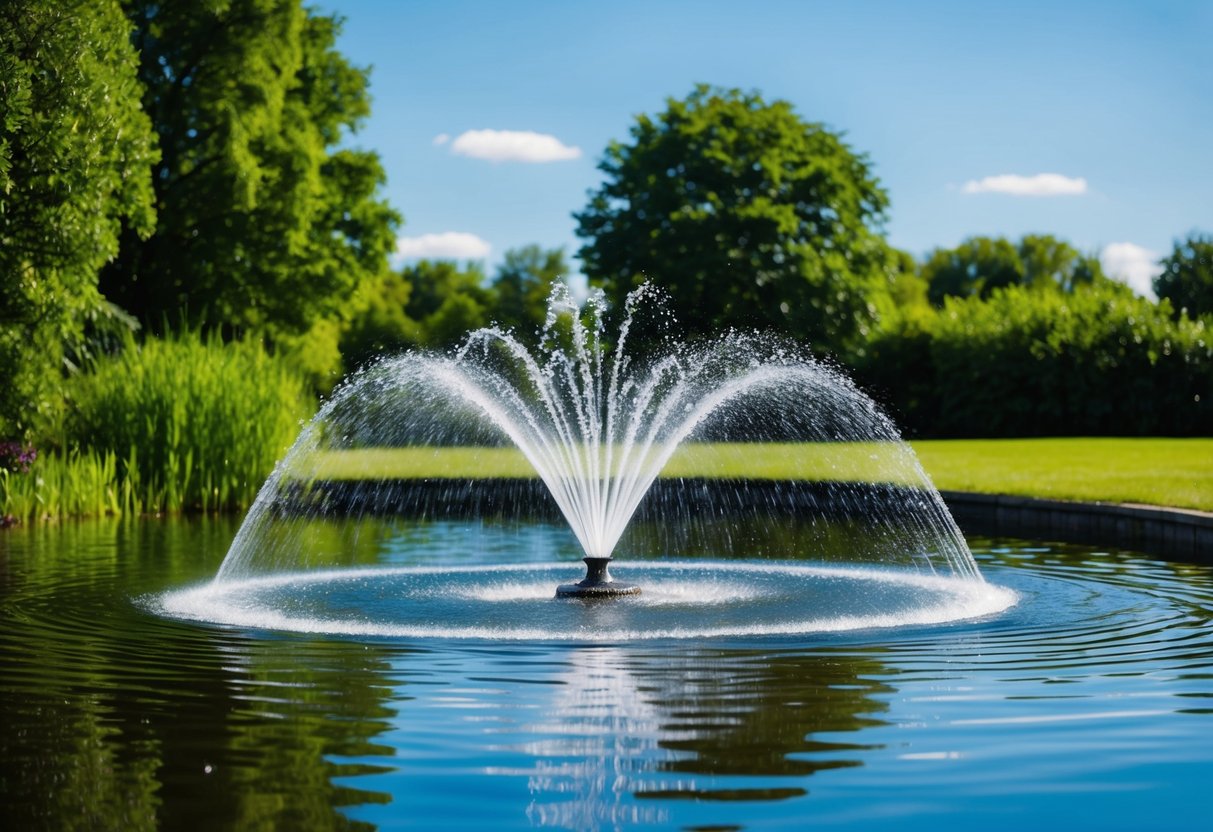 A serene pond with a floating fountain spraying water in a circular pattern, surrounded by lush greenery and clear blue skies