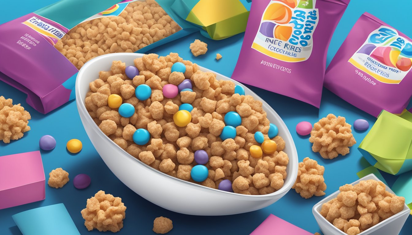 A bowl of Cocoa Puffs and Rice Krispies surrounded by colorful packaging and marketing materials, with a focus on the nutritional information and health claims