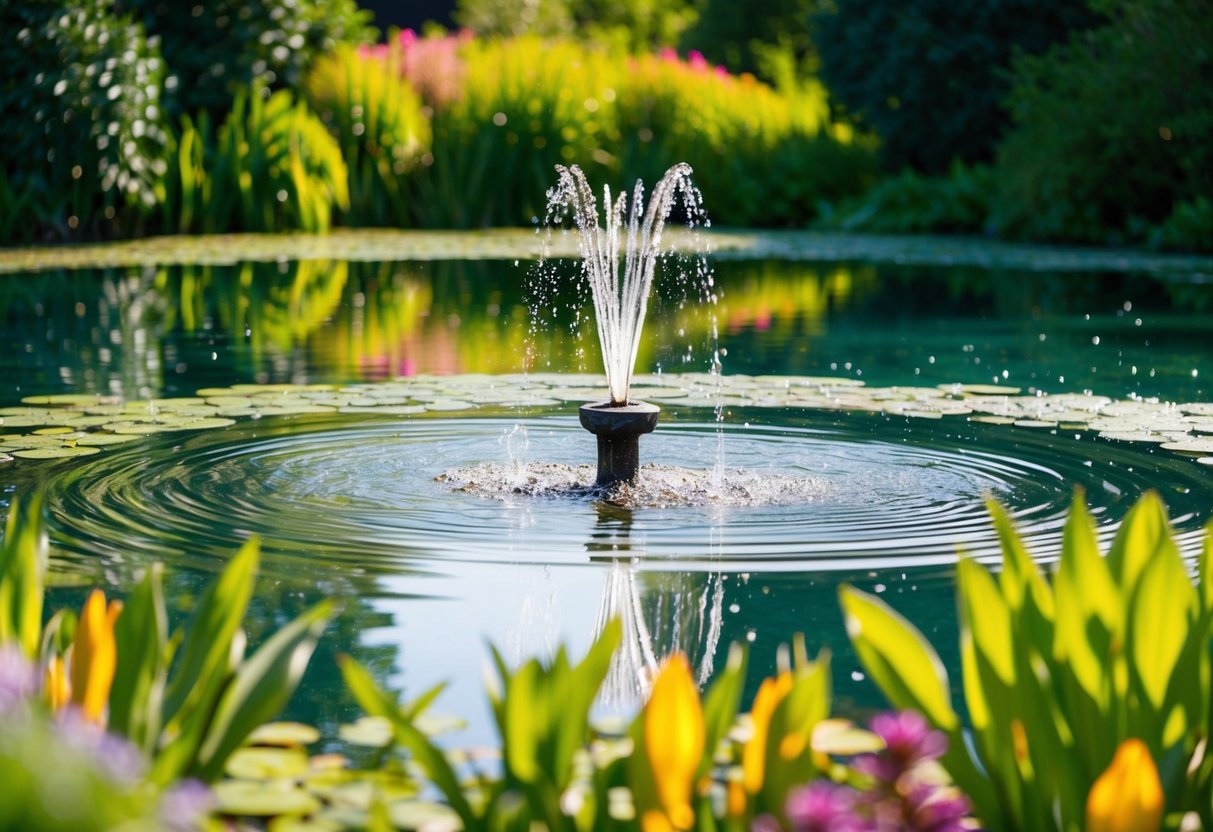 A tranquil pond with a floating fountain, surrounded by lush greenery and colorful aquatic plants. The water sparkles in the sunlight, creating a serene and peaceful atmosphere