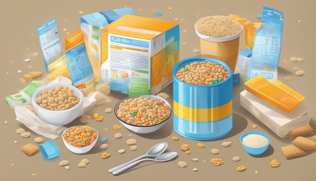 A table with two cereal boxes, a nutrition label, and scattered sugar and carb molecules for analysis