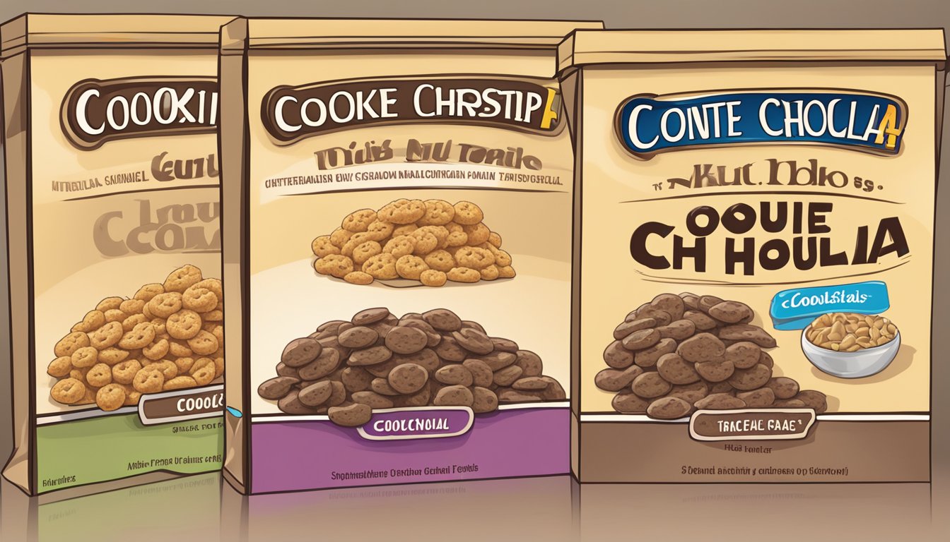 A table with two cereal boxes, one labeled "Cookie Crisp" and the other "Count Chocula." Nutritional information is visible on the boxes