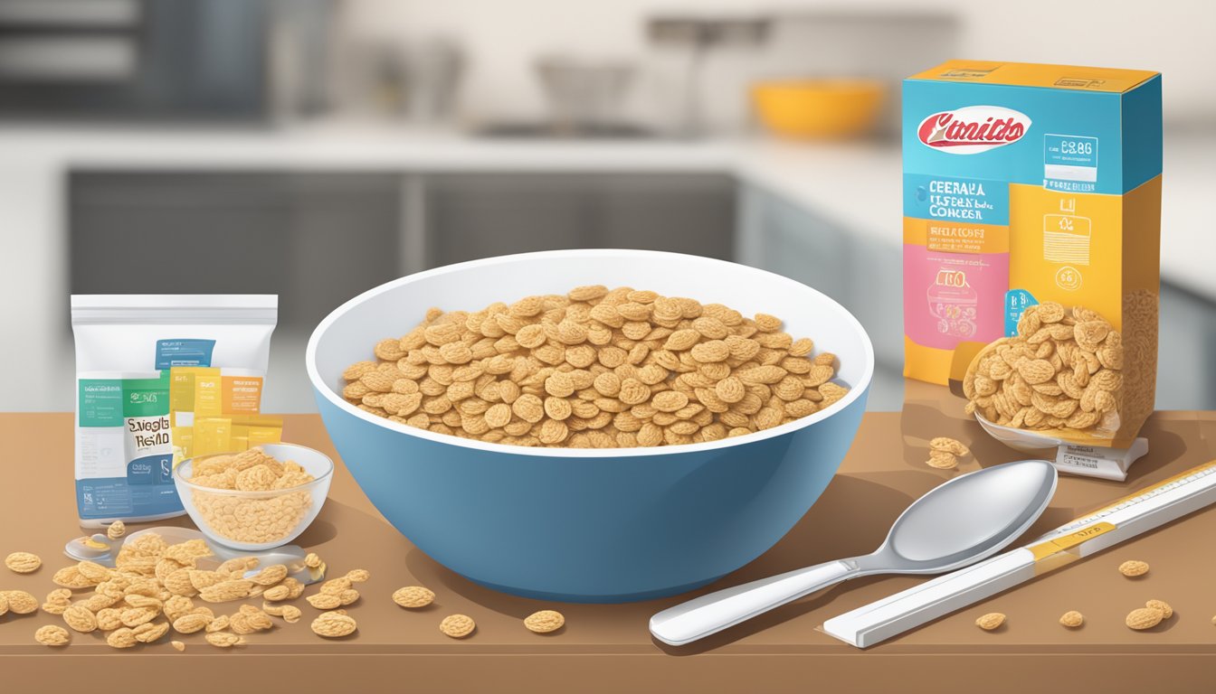 A table with two cereal boxes, nutritional labels, and a bowl of each cereal with a spoon. A scale and measuring tape nearby