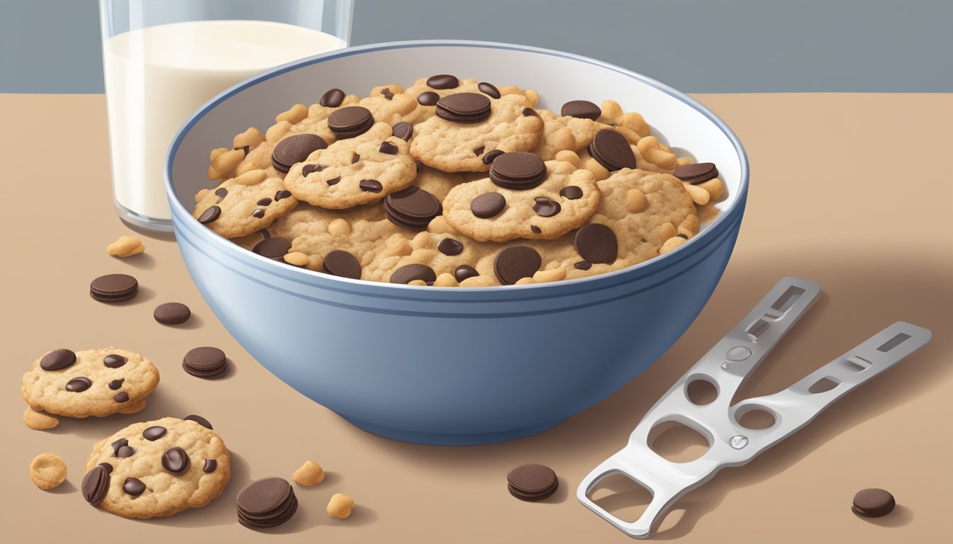 A bowl of Cookie Crisp and Count Chocula cereal next to a glass of milk, with a tape measure and nutritional labels