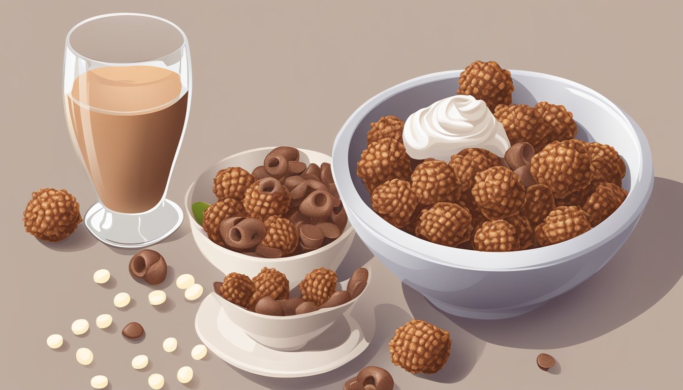 A bowl of Cocoa Puffs next to a bowl of Waffle Crisp, surrounded by various fruits and a glass of milk