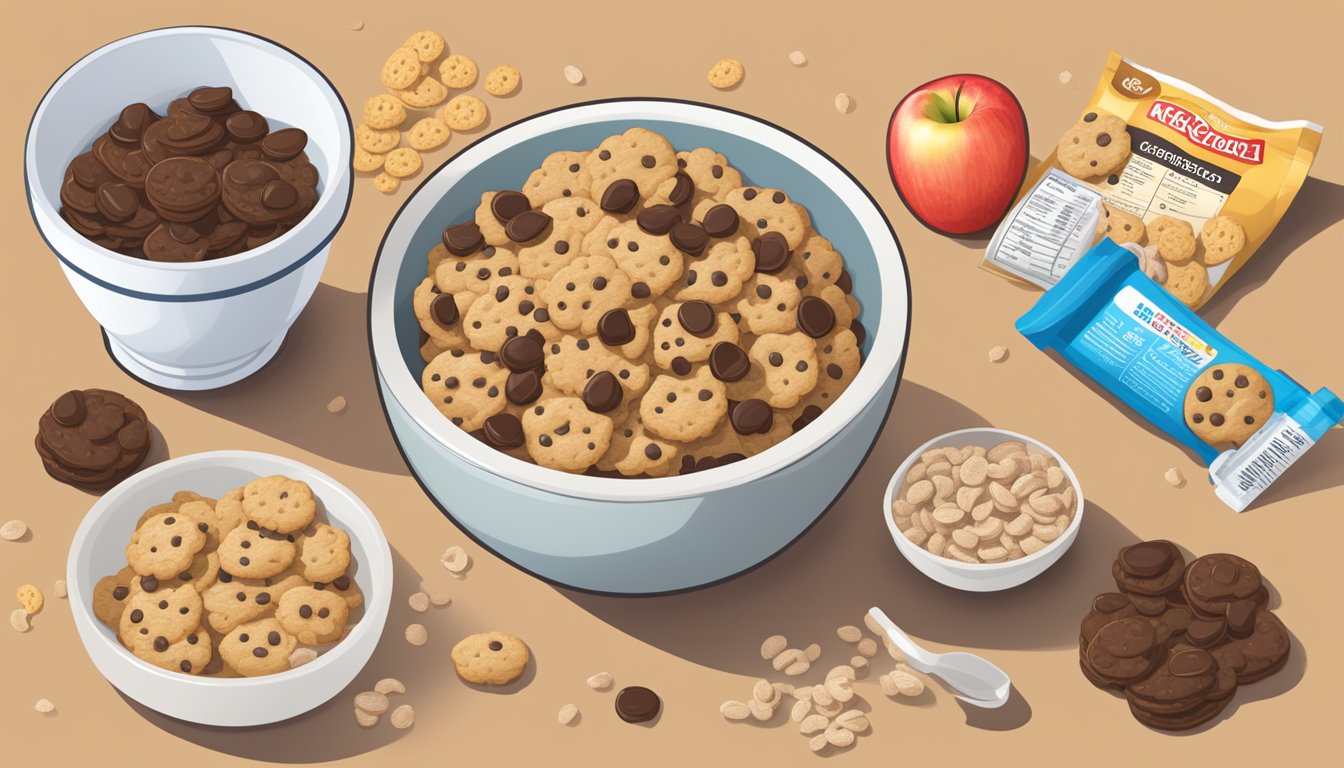 A bowl of Cookie Crisp and Count Chocula cereal side by side, surrounded by a measuring tape, apple, and nutrition labels