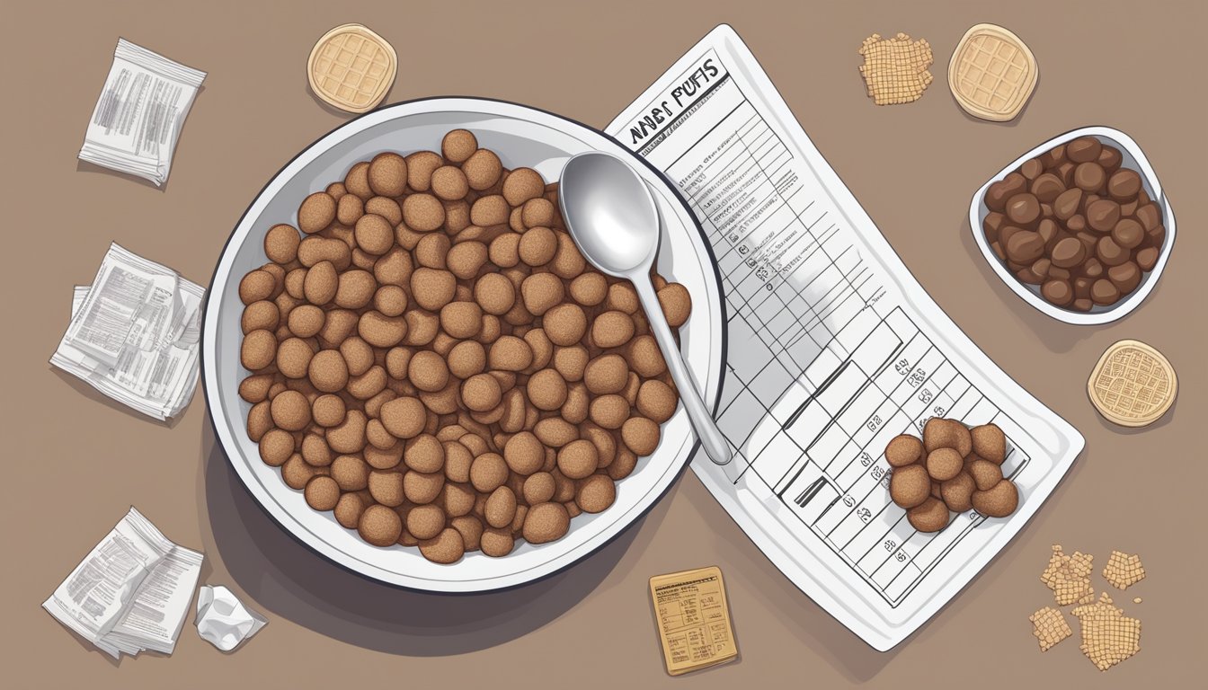 A bowl of cocoa puffs and waffle crisp sit side by side, surrounded by nutritional information labels and a measuring scale