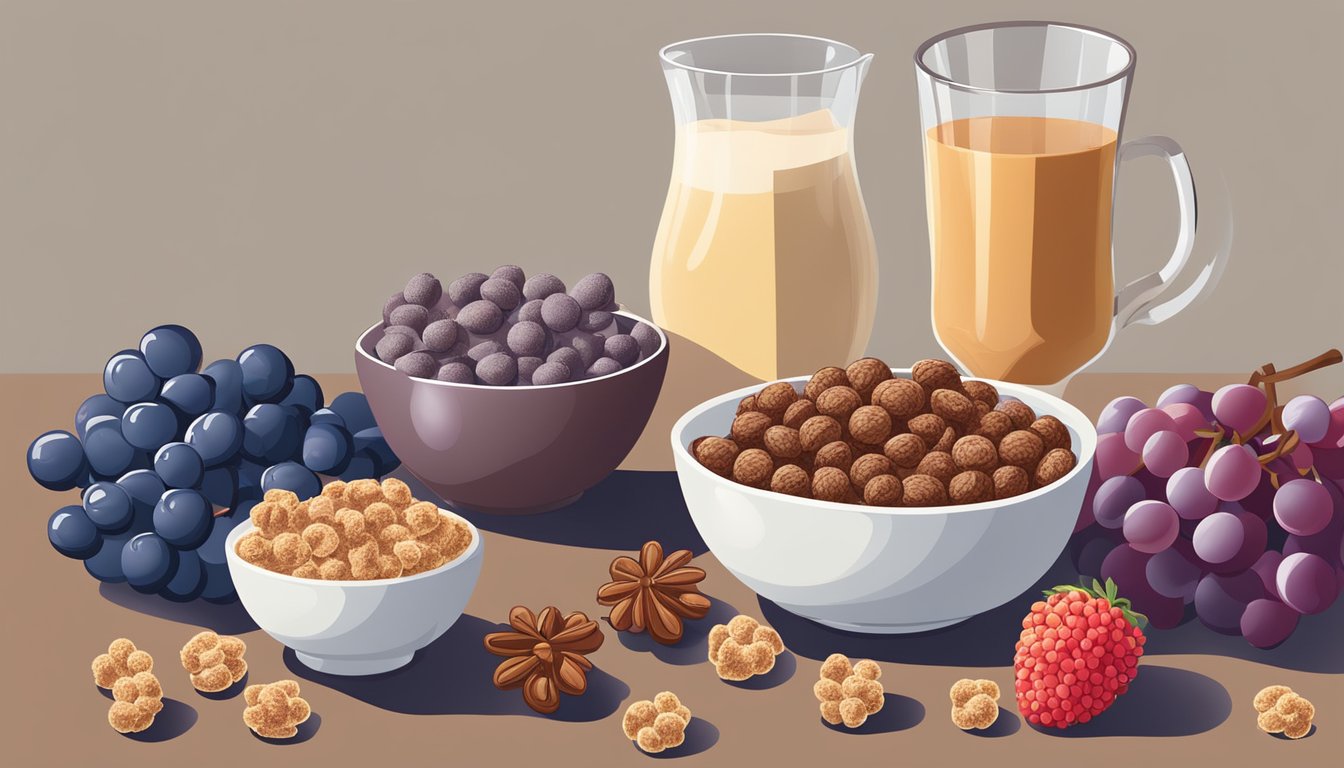 A bowl of cocoa puffs and a bowl of post grape nut flakes arranged side by side on a table, surrounded by various fruits and a glass of milk