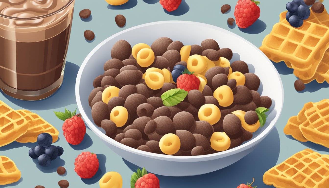 A bowl of Cocoa Puffs and Waffle Crisp side by side, surrounded by a variety of fruits and a glass of milk