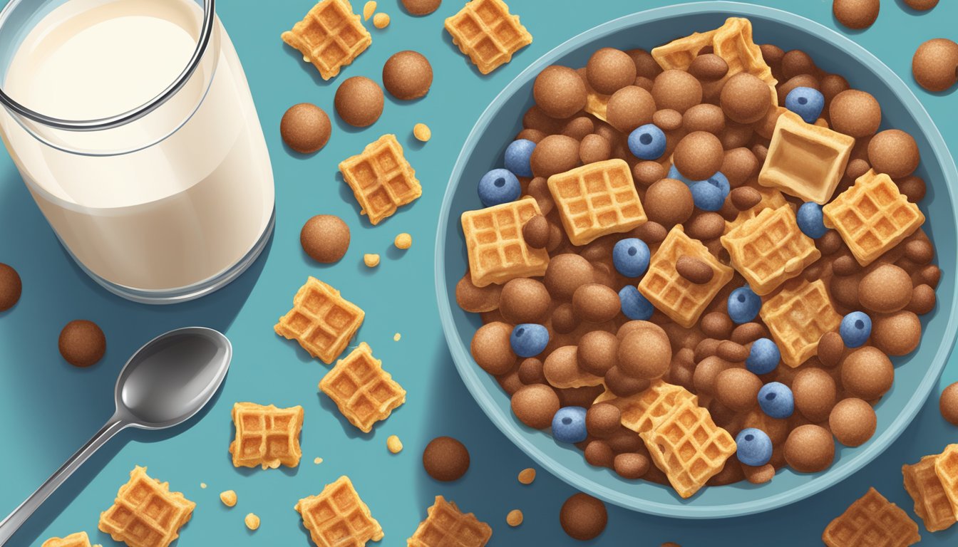 A bowl of cocoa puffs and waffle crisp side by side, with a glass of milk and a spoon, surrounded by scattered cereal pieces