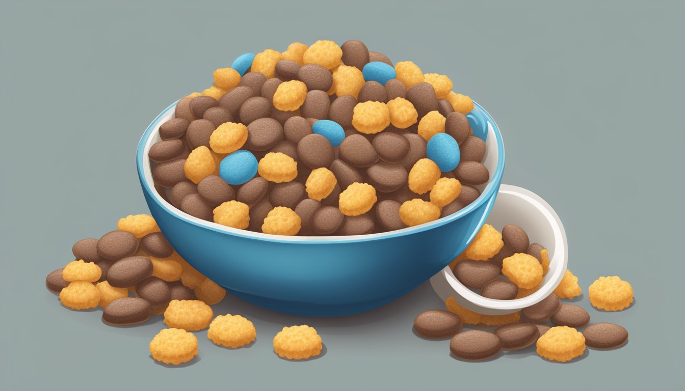 A bowl of Cocoa Puffs and Waffle Crisp cereal next to each other, with a measuring tape and nutrition labels