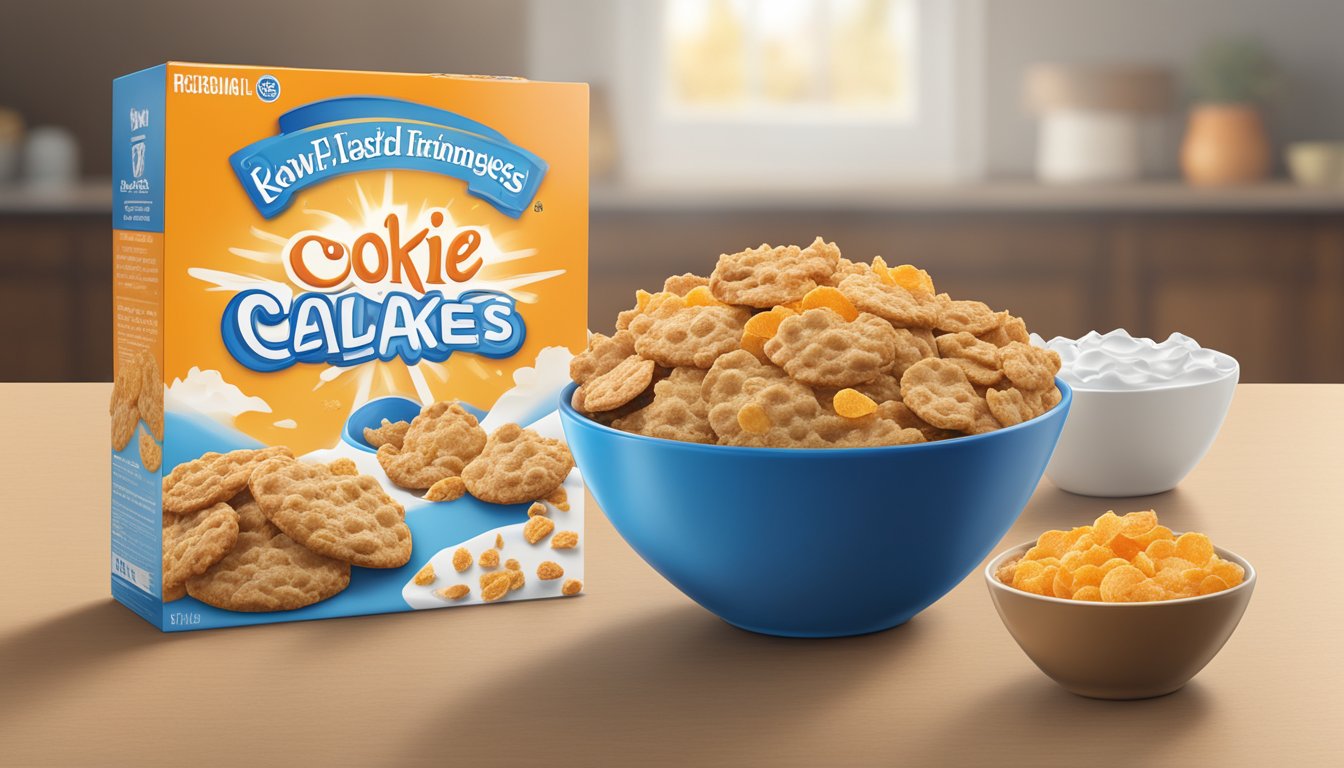 A bowl of Cookie Crisp and Frosted Flakes side by side with nutritional information displayed next to each cereal box