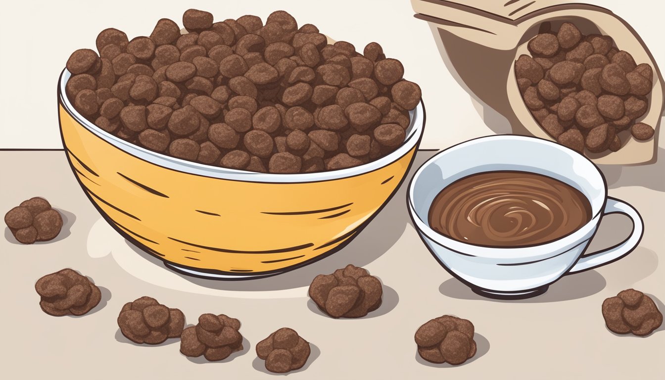 A bowl of cocoa puffs next to a bowl of waffle crisp, surrounded by nutritional labels and a measuring tape