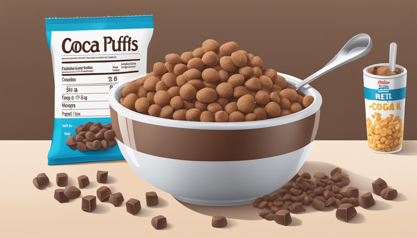 A bowl of Cocoa Puffs next to a bowl of Special K, surrounded by nutritional information labels and a measuring tape