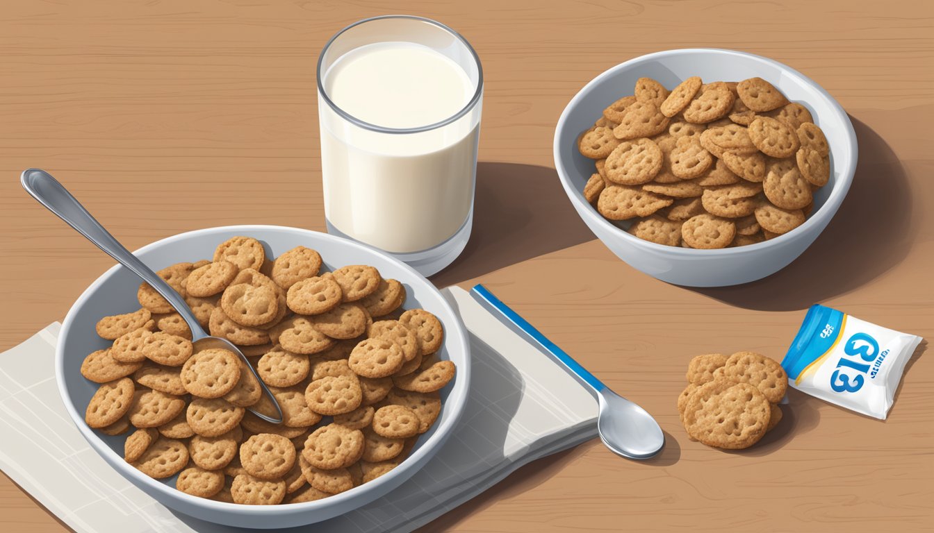 A bowl of Cookie Crisp and Crispix cereal side by side, with a glass of milk, a spoon, and a nutritional label visible