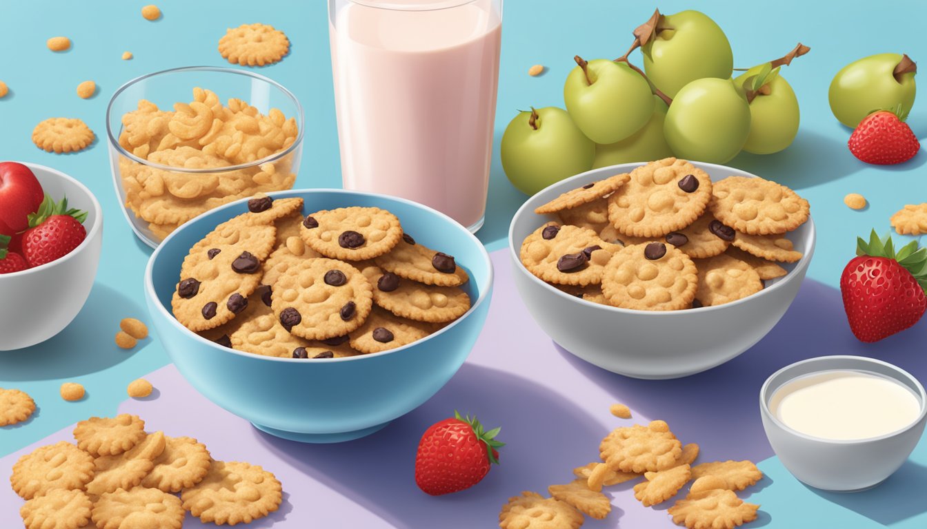 A bowl of Cookie Crisp and a bowl of Crispix side by side, surrounded by fresh fruit and a glass of milk