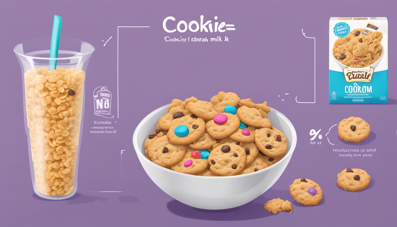 A bowl of Cookie Crisp and Kaboom cereal side by side, surrounded by nutritional labels and a measuring cup of milk