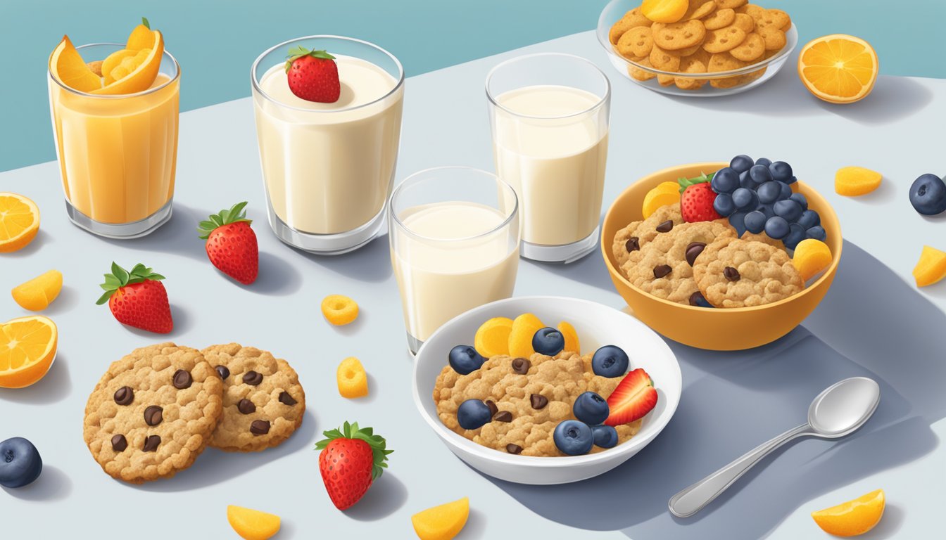 A table with two cereal bowls, one filled with Cookie Crisp and the other with Crispix, surrounded by fresh fruits and a glass of milk