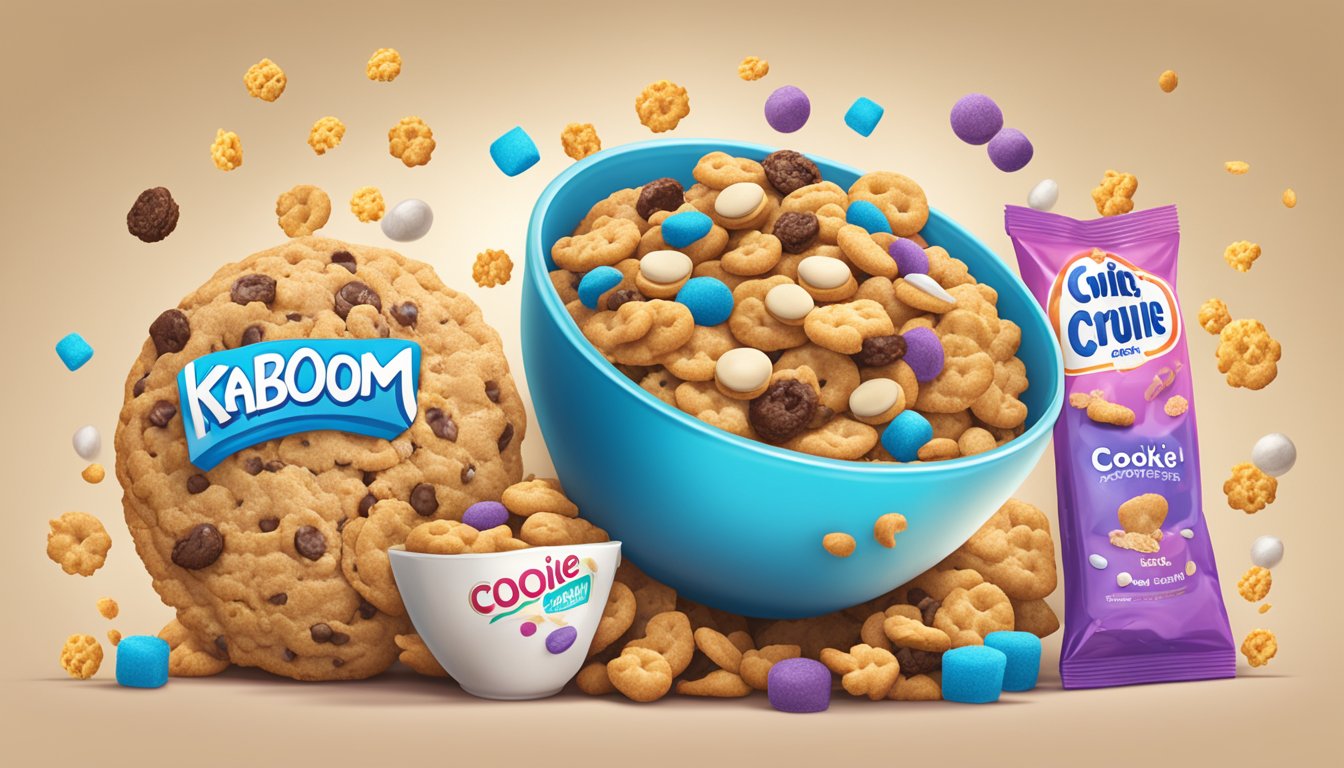 A bowl of Cookie Crisp and Kaboom cereal next to each other, surrounded by various ingredients and additives