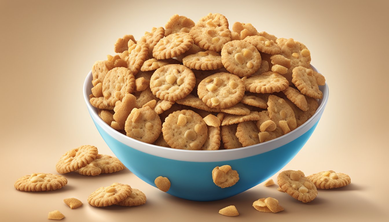 A bowl of Cookie Crisp and Crispix cereal sit side by side, with the texture of the crunchy, bite-sized pieces contrasting against each other