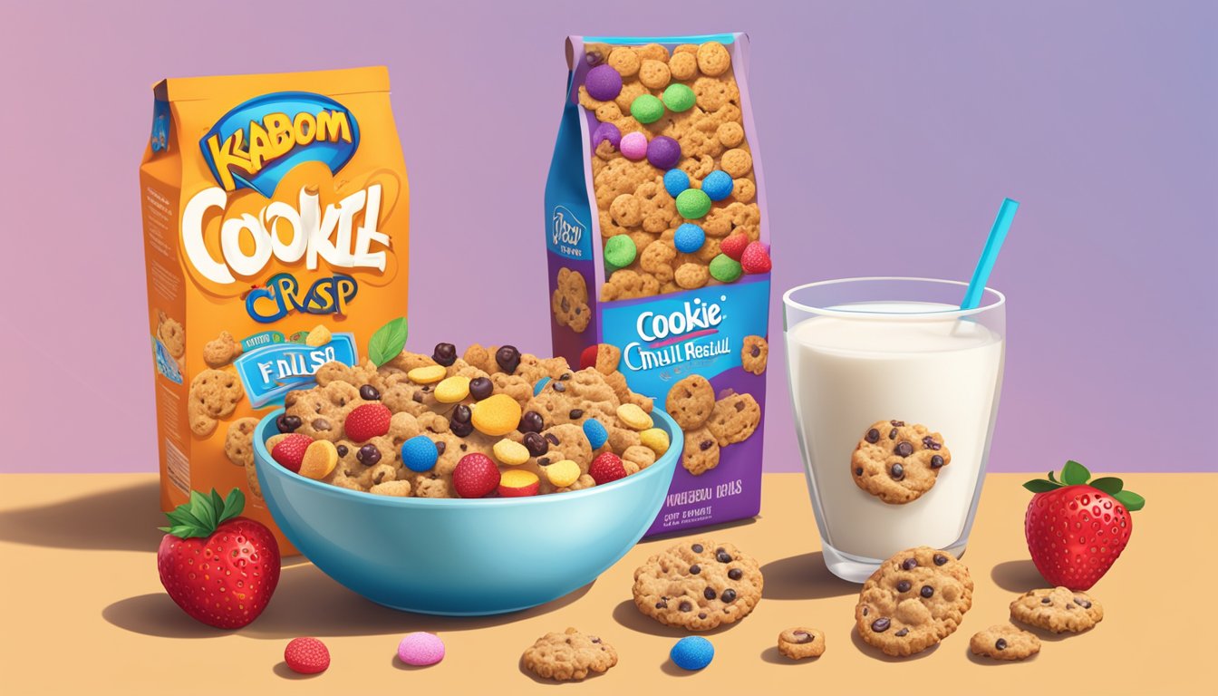 A bowl of Cookie Crisp cereal next to a bowl of Kaboom cereal, surrounded by various fruits and a glass of milk