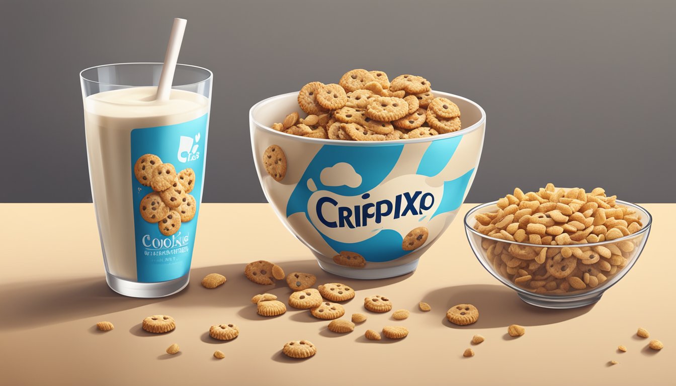 A bowl of Cookie Crisp and a bowl of Crispix sitting side by side on a table, surrounded by scattered cereal pieces and a glass of milk