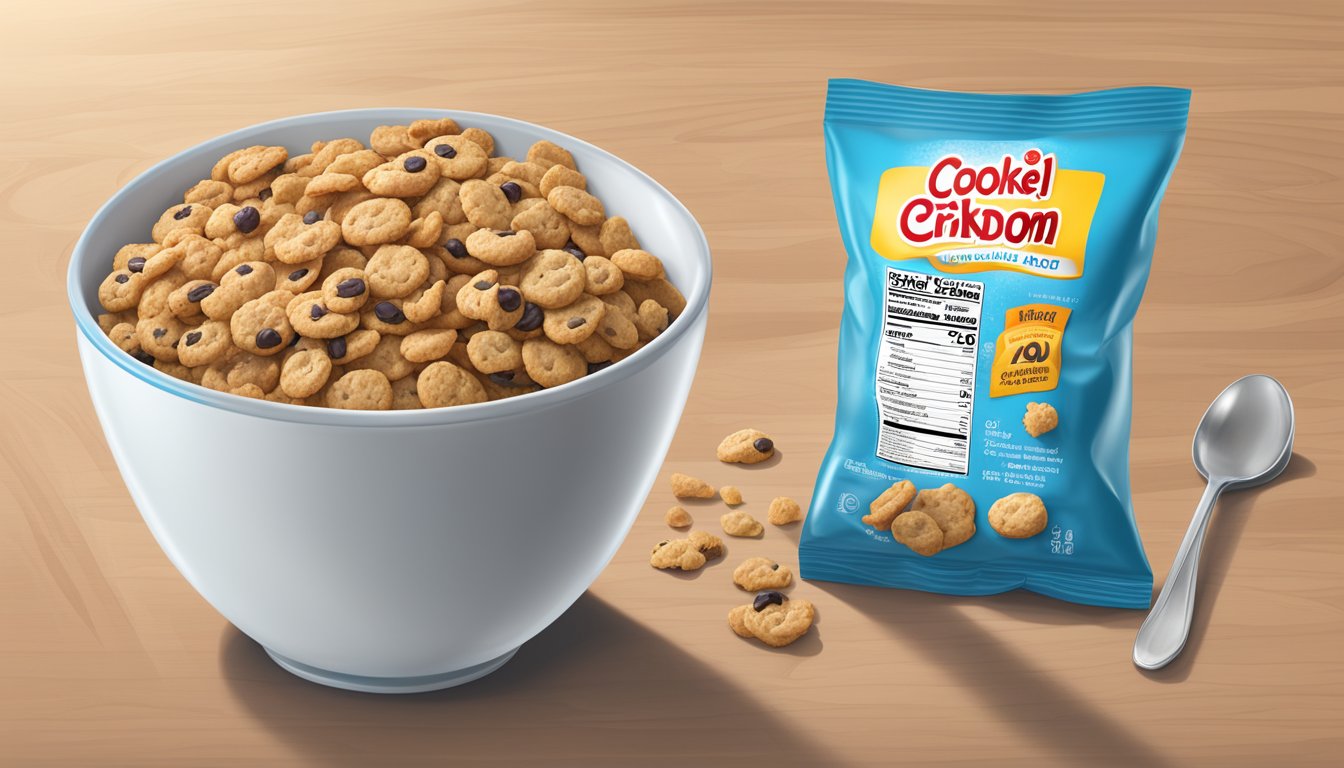 A bowl of Cookie Crisp and Kaboom cereal next to a nutrition label