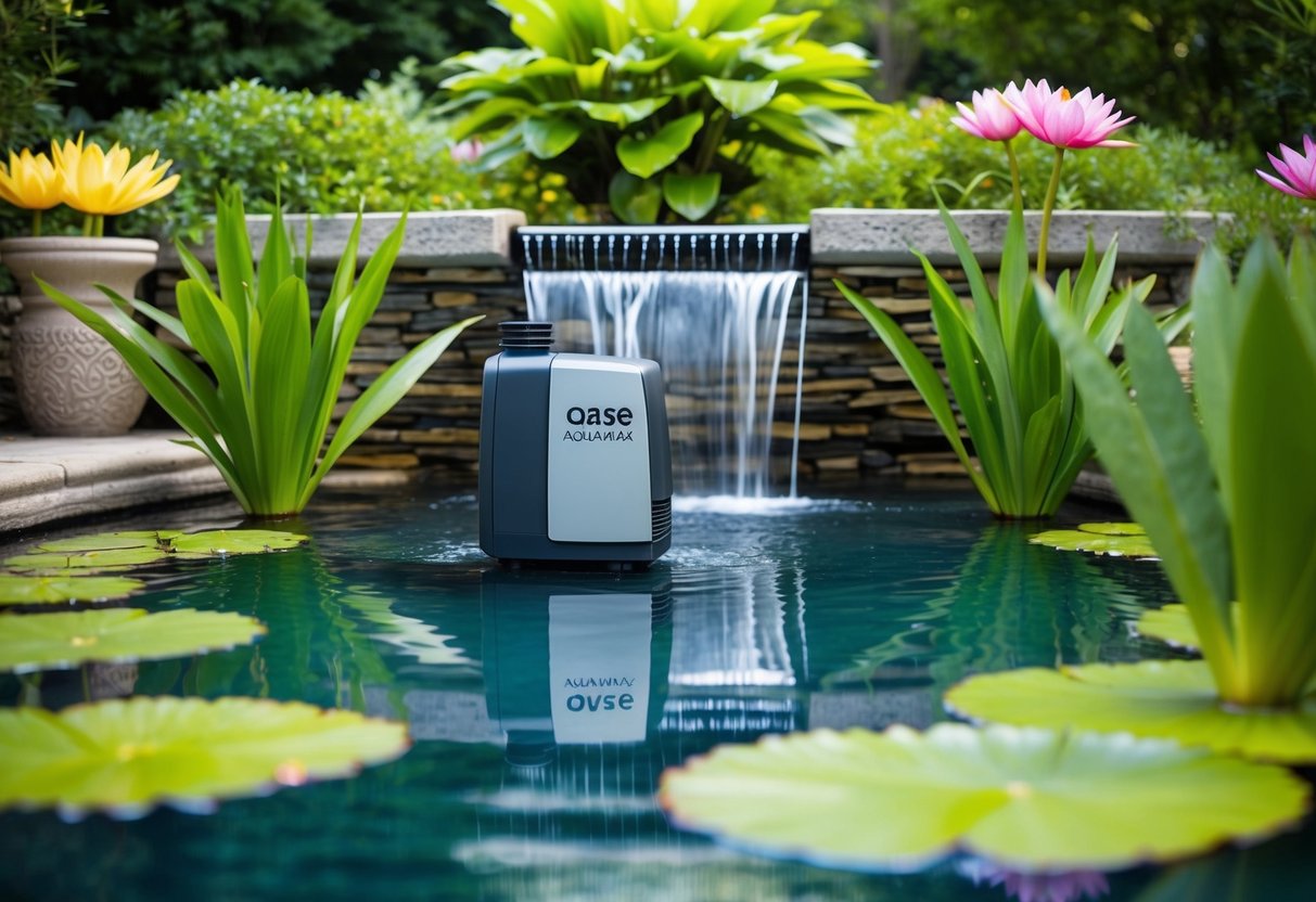 A serene garden pond with a clear waterfall, surrounded by lush greenery and colorful water lilies, with the Oase Aquamax Eco Premium pump at the center