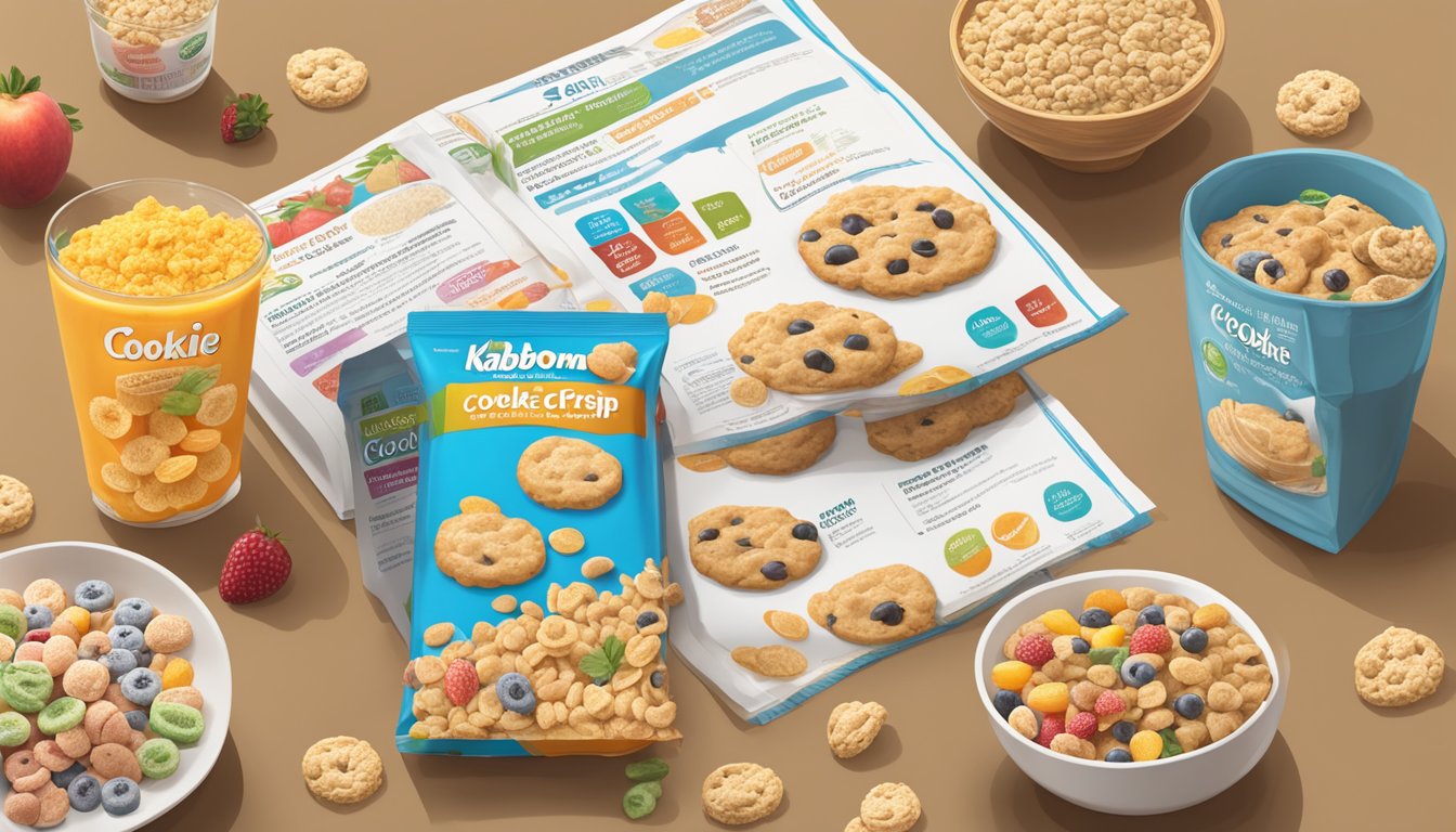 A table with two cereal boxes, one labeled "Cookie Crisp" and the other "Kaboom," surrounded by various fruits and nutritional information