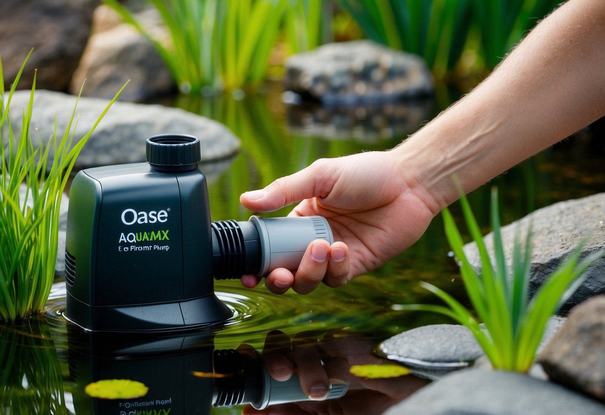 A hand reaching into a pond, holding an Oase Aquamax Eco Premium pump, surrounded by rocks and aquatic plants