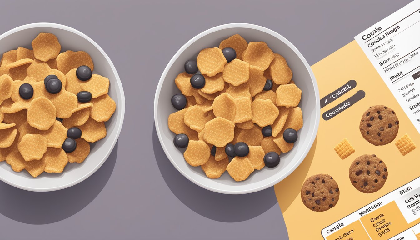 A bowl of Cookie Crisp and Honeycomb cereal next to each other with nutrition labels visible