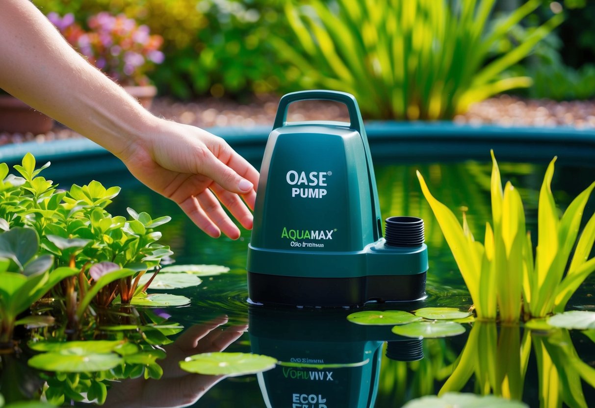 A hand reaches for the Pump Oase Aquamax Eco Premium pump in a lush garden pond, surrounded by vibrant aquatic plants and clear water