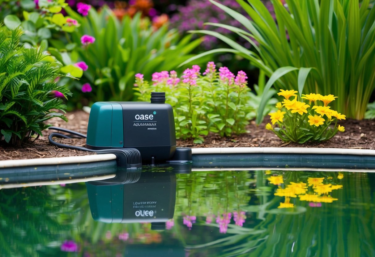 A serene pond with clear water, surrounded by lush green plants and colorful flowers. A Oase Aquamax Eco Premium pump is installed at the edge of the pond, quietly and efficiently maintaining the water's cleanliness and health