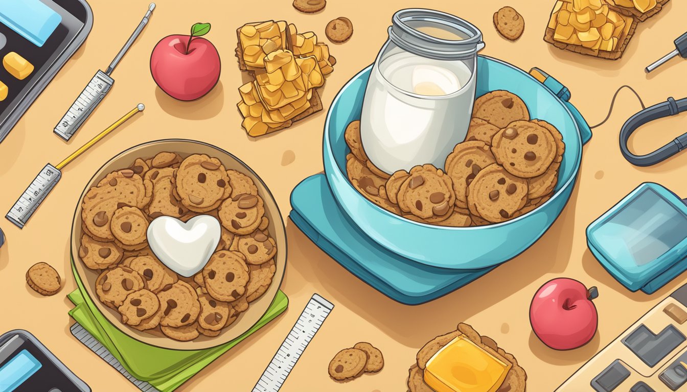 A bowl of cookie crisp and honeycomb cereal with a glass of milk, surrounded by a tape measure, apple, and a heart rate monitor