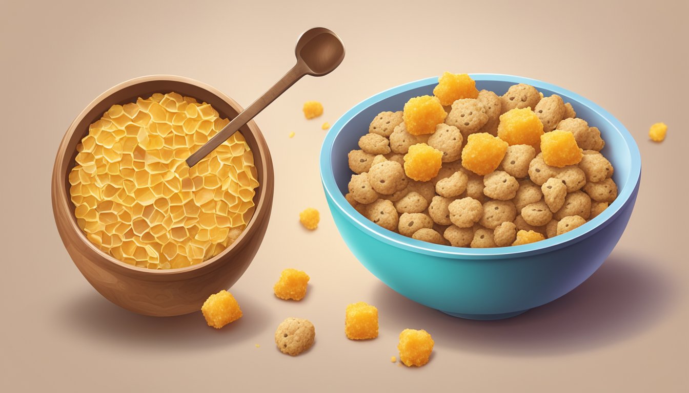 A bowl of Cookie Crisp and Honeycomb cereal next to each other, with a measuring spoon and ingredients scattered around