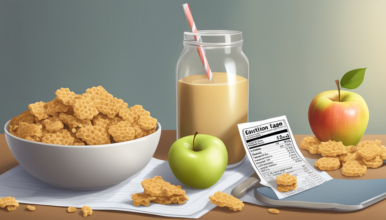 A bowl of Cookie Crisp and Honeycomb cereal beside a measuring tape and apple, with a nutrition label in the background