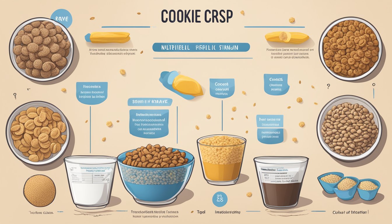 A table with two bowls of cereal side by side, one labeled "cookie crisp" and the other "krave." Surrounding the bowls are various nutritional labels and ingredients