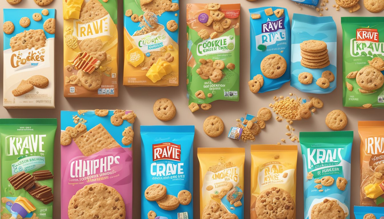 A colorful spread of cookie crisp and krave cereal boxes, surrounded by a variety of key ingredients such as whole grains, sugar, and artificial flavors