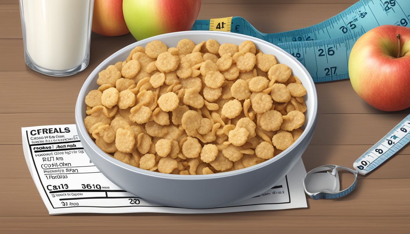 A bowl of Cookie Crisp and Honeycomb cereal next to a measuring tape and apple, with a nutrition label in the background