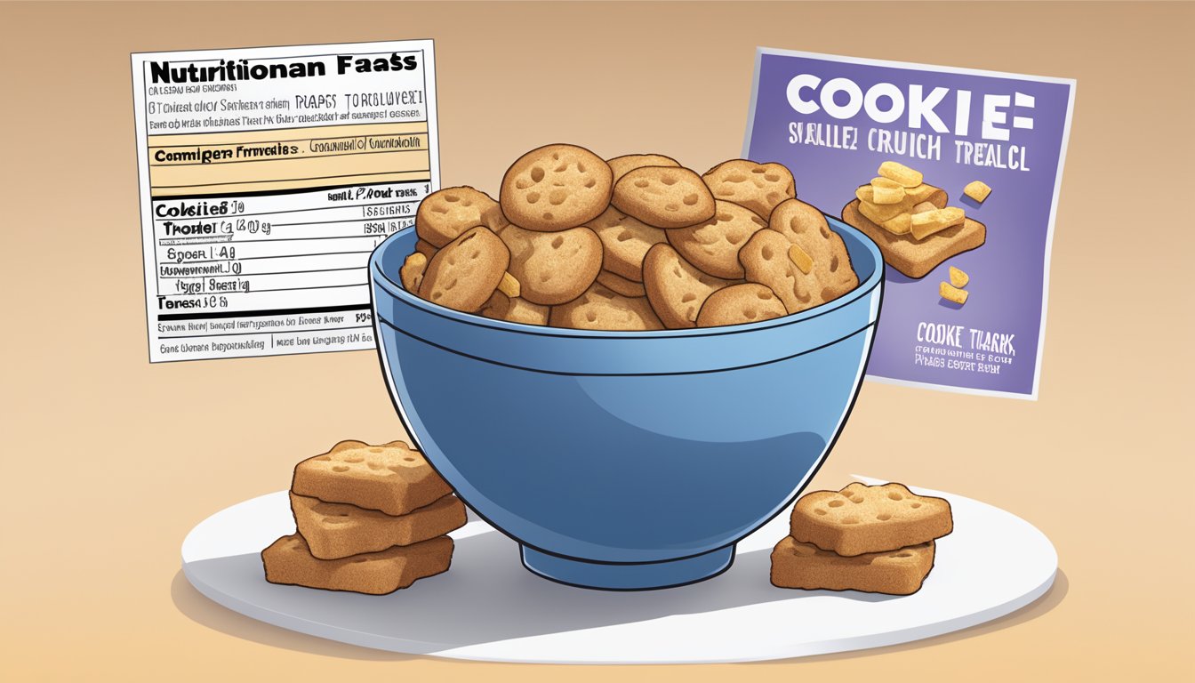 A bowl of Cookie Crisp and French Toast Crunch cereal next to a nutritional label comparison chart