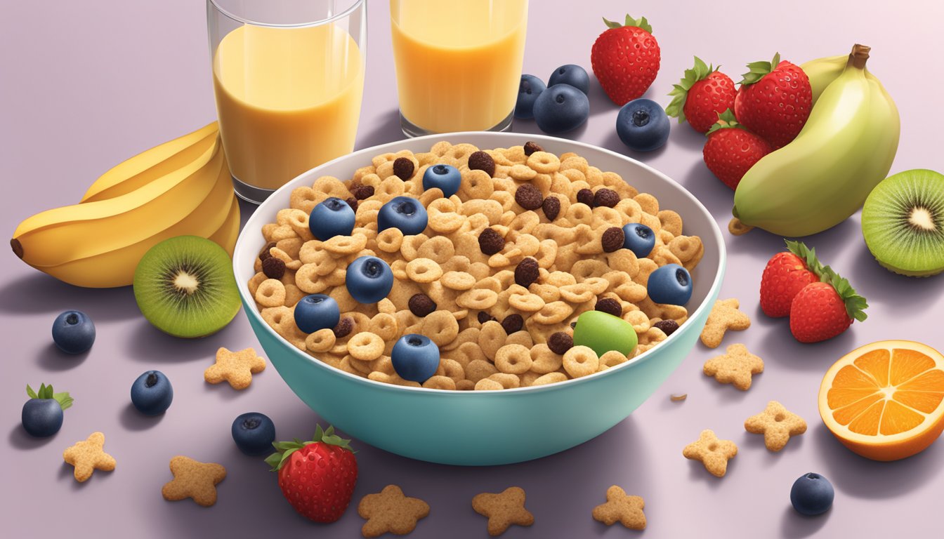 A bowl of Cookie Crisp and Krave cereal side by side, surrounded by a variety of fruits and a glass of milk