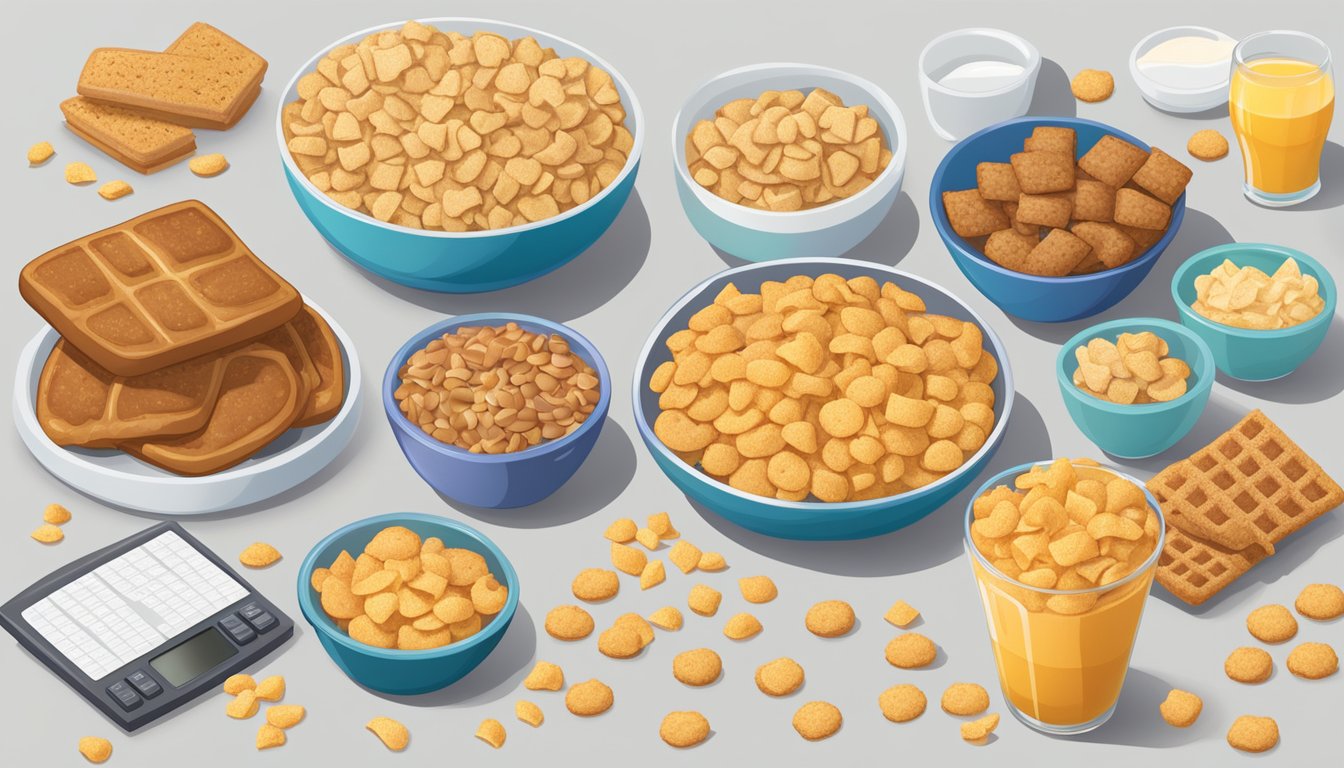 A table with bowls of Cookie Crisp and French Toast Crunch, surrounded by nutritional labels, a scale, and a calculator