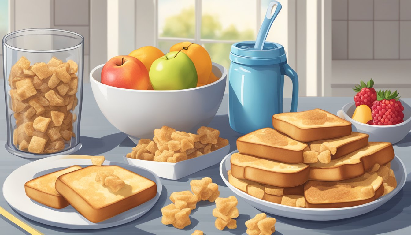 A bowl of Cookie Crisp and a bowl of French Toast Crunch on a kitchen table, surrounded by a tape measure, a nutrition label, and a pile of fresh fruit