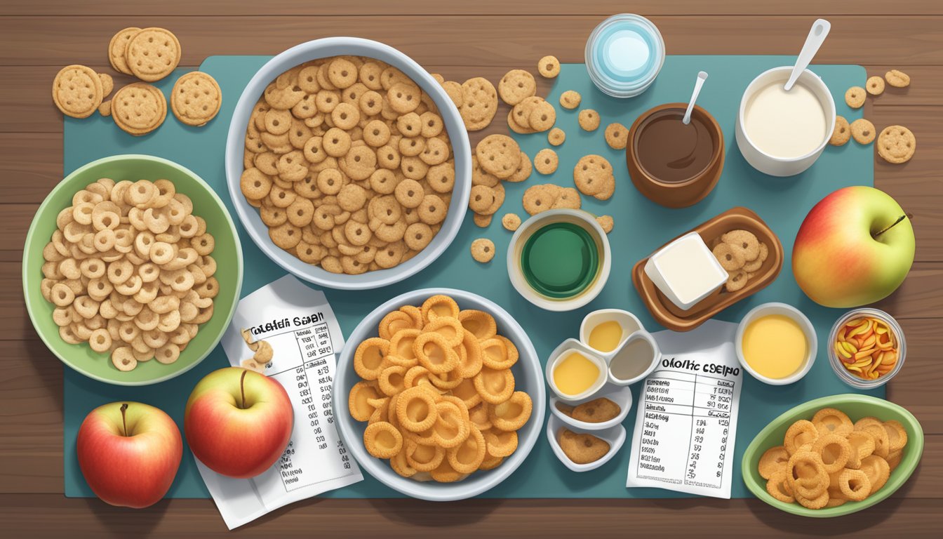 A table with bowls of Cookie Crisp and Apple Jacks, surrounded by measuring cups and nutrition labels