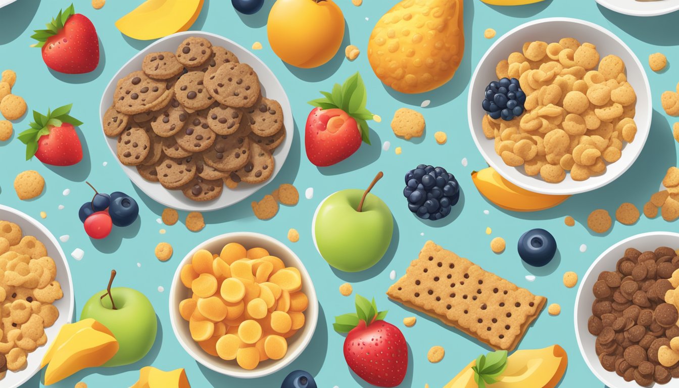 A bowl of Cookie Crisp and Krave cereal next to each other, surrounded by a variety of fruits and a glass of milk