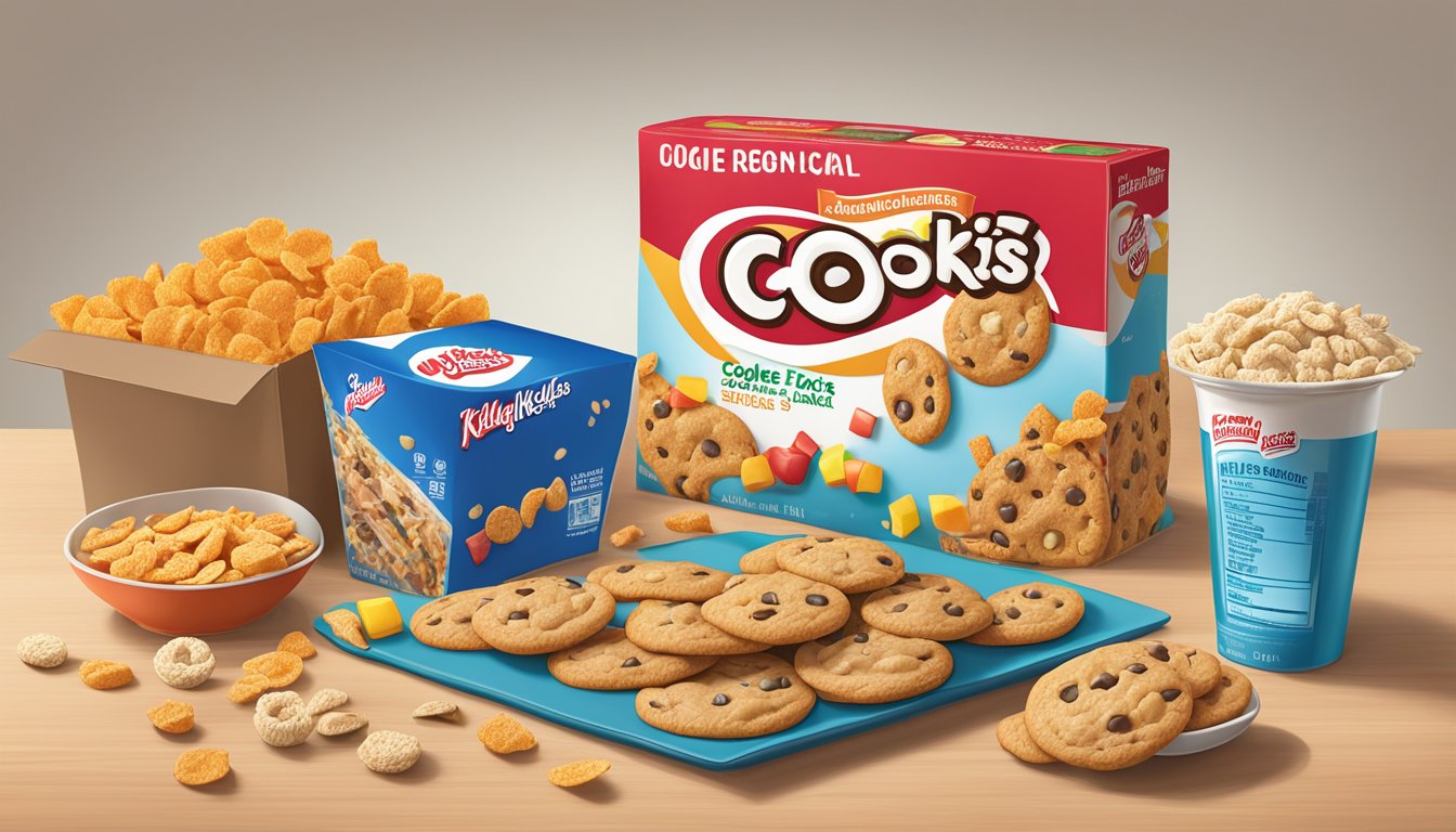 A table with ingredients scattered, featuring a box of Cookie Crisp and Kellogg's Apple Jacks. A nutrition label is visible