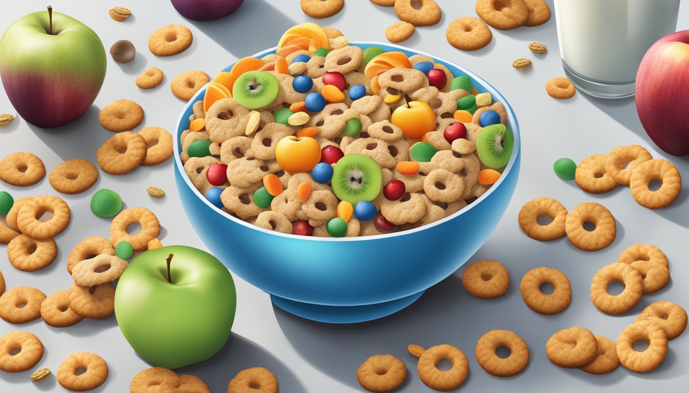 A bowl of Cookie Crisp and Apple Jacks side by side, surrounded by a variety of fresh fruits and a glass of milk