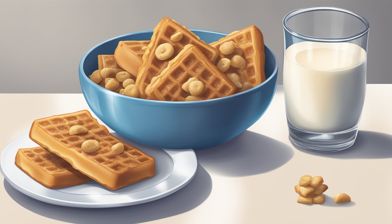 A bowl of Cookie Crisp and a bowl of French Toast Crunch sit side by side on a breakfast table, surrounded by a glass of milk and a plate of fresh fruit