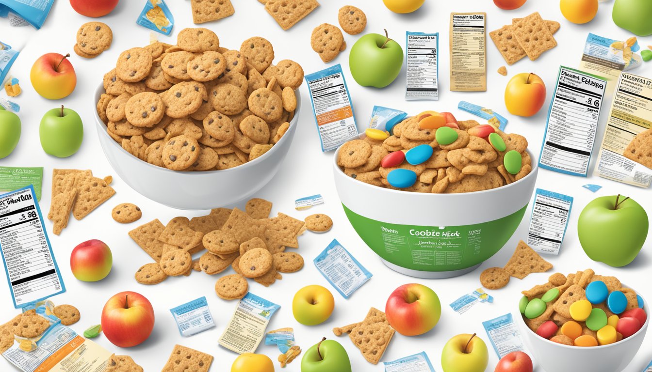 A bowl of Cookie Crisp and a bowl of Kellogg's Apple Jacks surrounded by nutritional information labels